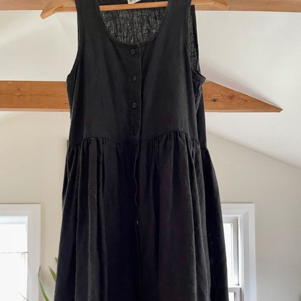XS Beaton Linen Sleeveless Gathered Dress- Black